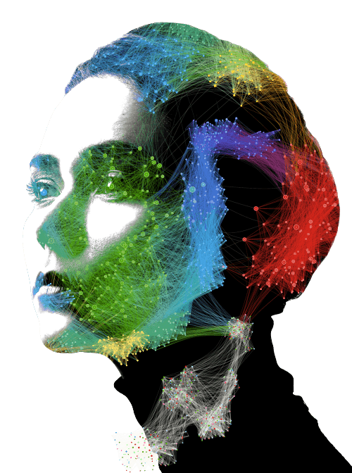 Image of an androgynous face with metaphorical data connections superimposed